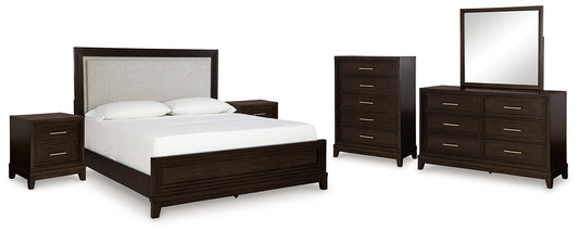 Neymorton California King Upholstered Panel Bed with Mirrored Dresser, Chest and 2 Nightstands