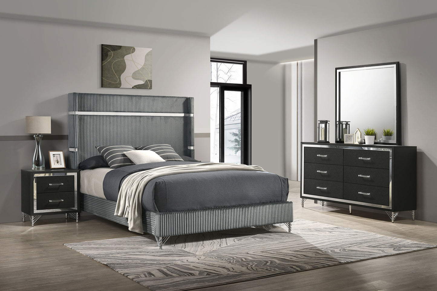 Lucia 4-piece Eastern King Bedroom Set Grey and Black