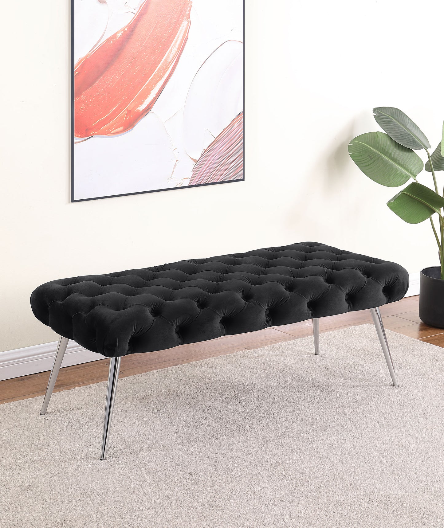 Ella Upholstered Tufted Bench Stainless Steel Legs Black