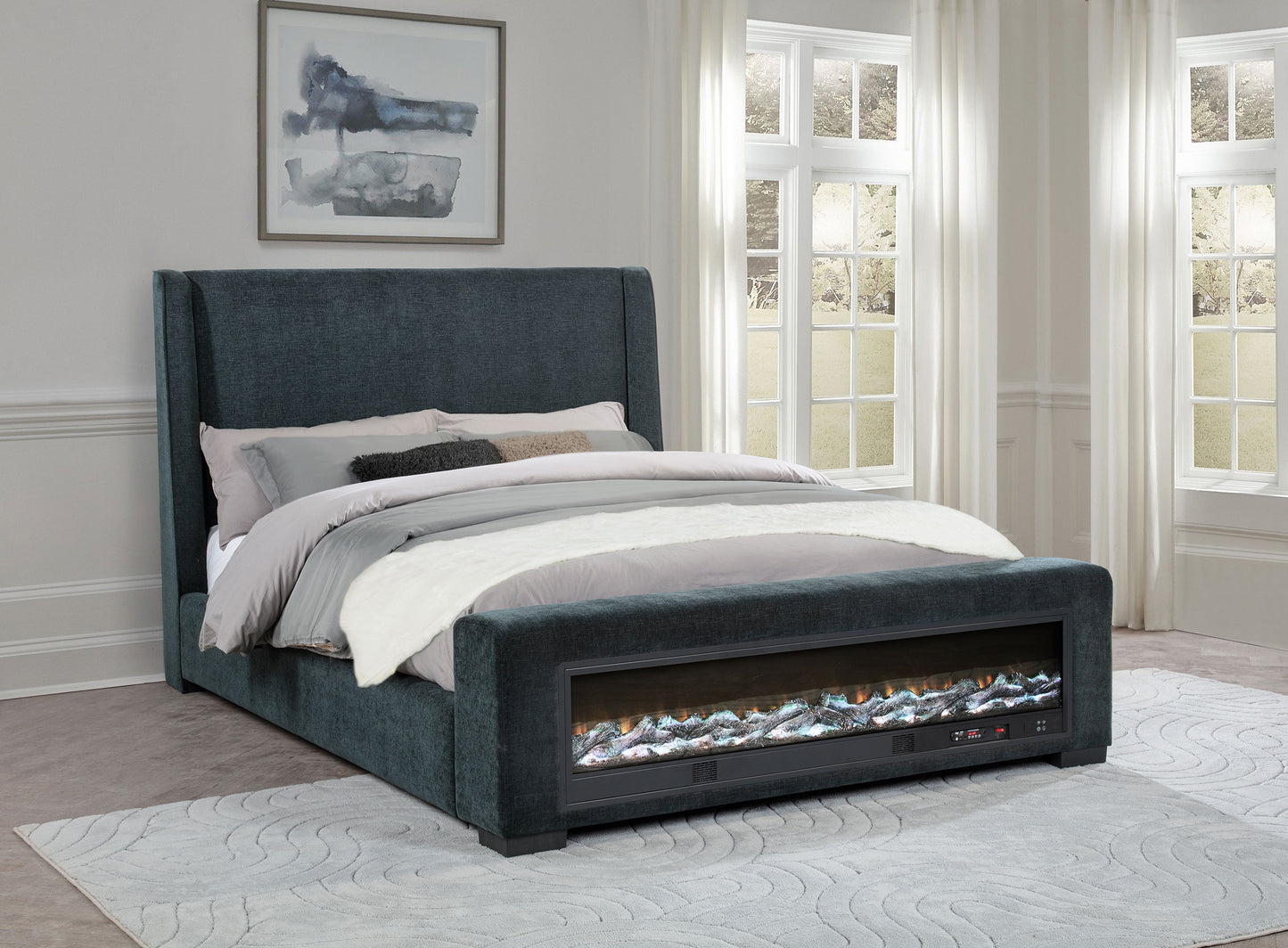 Preston Upholstered Eastern King Audio Flame Visualizer Bed Blue