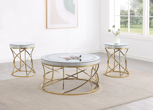 Elise 3-piece Round Mirror Top Coffee and End Table Set Gold