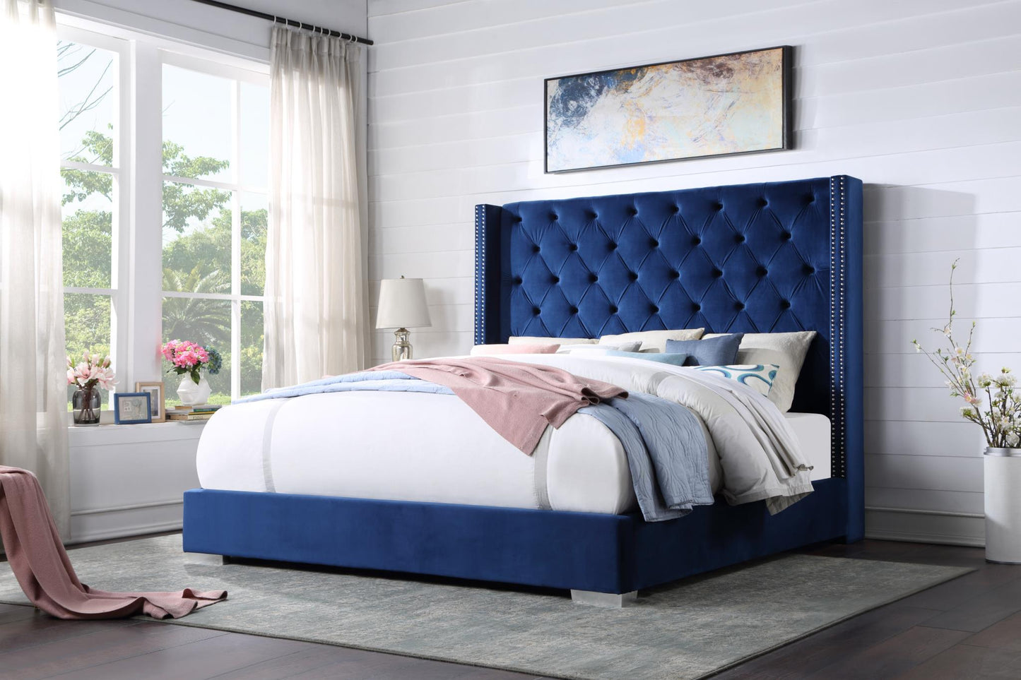 Blue Bed Velvet Tufted Bed