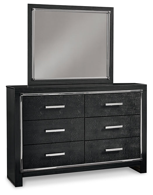 Kaydell Queen Upholstered Panel Bed with Mirrored Dresser, Chest and Nightstand