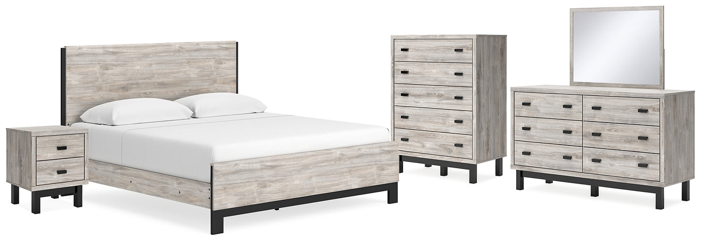 Vessalli King Panel Bed with Mirrored Dresser, Chest and Nightstand