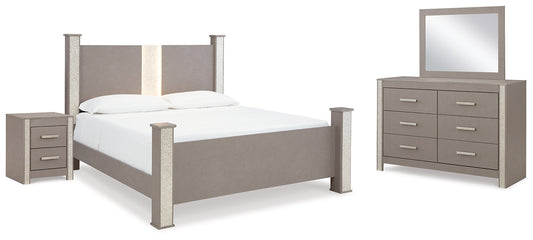 Surancha King Poster Bed with Mirrored Dresser, Chest and Nightstand