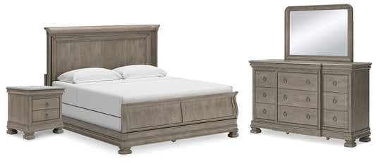 Lexorne California King Sleigh Bed with Mirrored Dresser and Nightstand