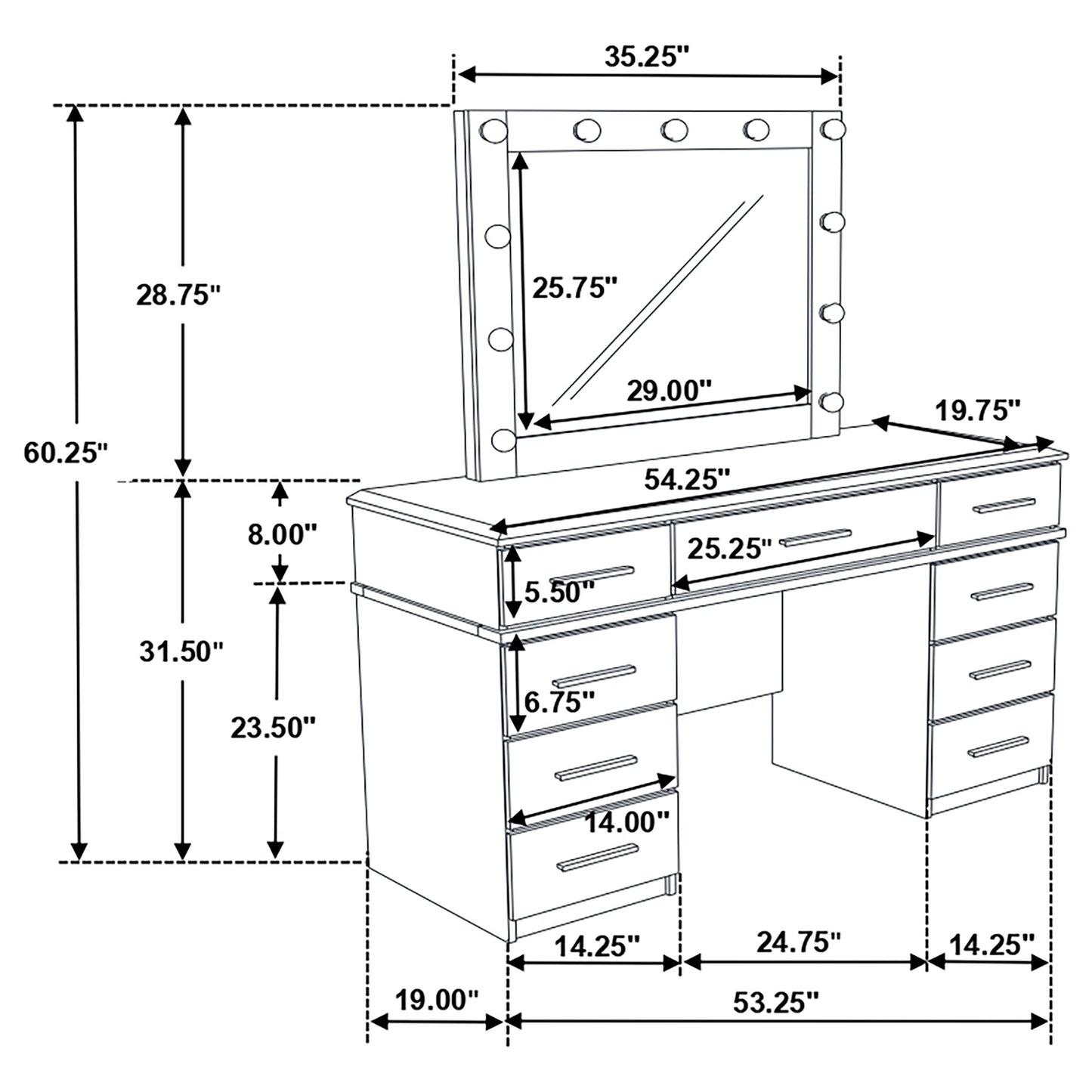 Felicity 9-drawer Vanity Table Lighted Mirror Glossy White